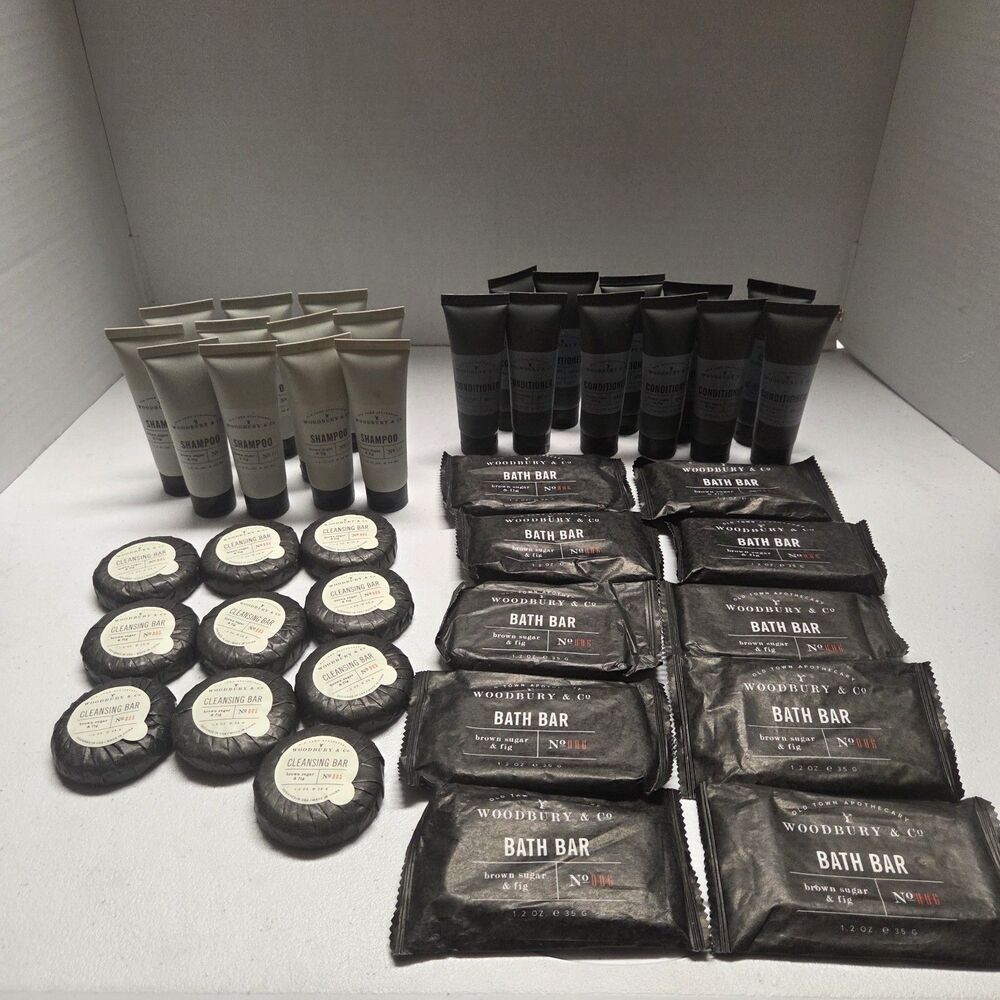 Woodbury & Co Brown Sugar & Fig Travel Size 42 Lot Shampoo Conditioner Bath Bars